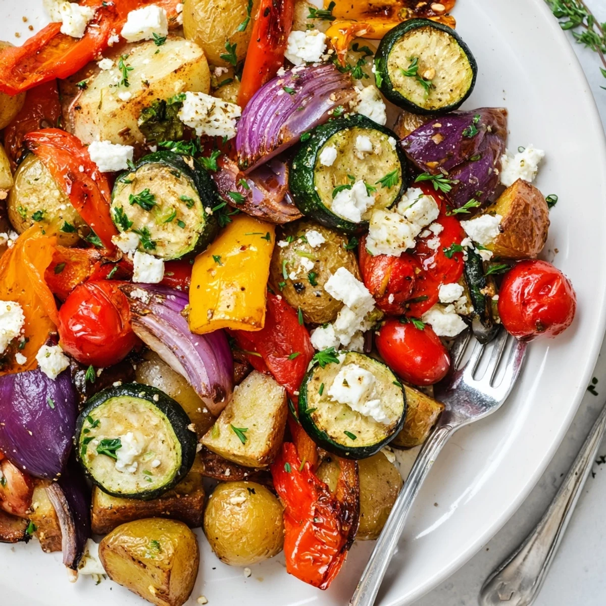 A warm platter of One Pan Greek Vegetables topped with crumbled feta and fresh parsley.