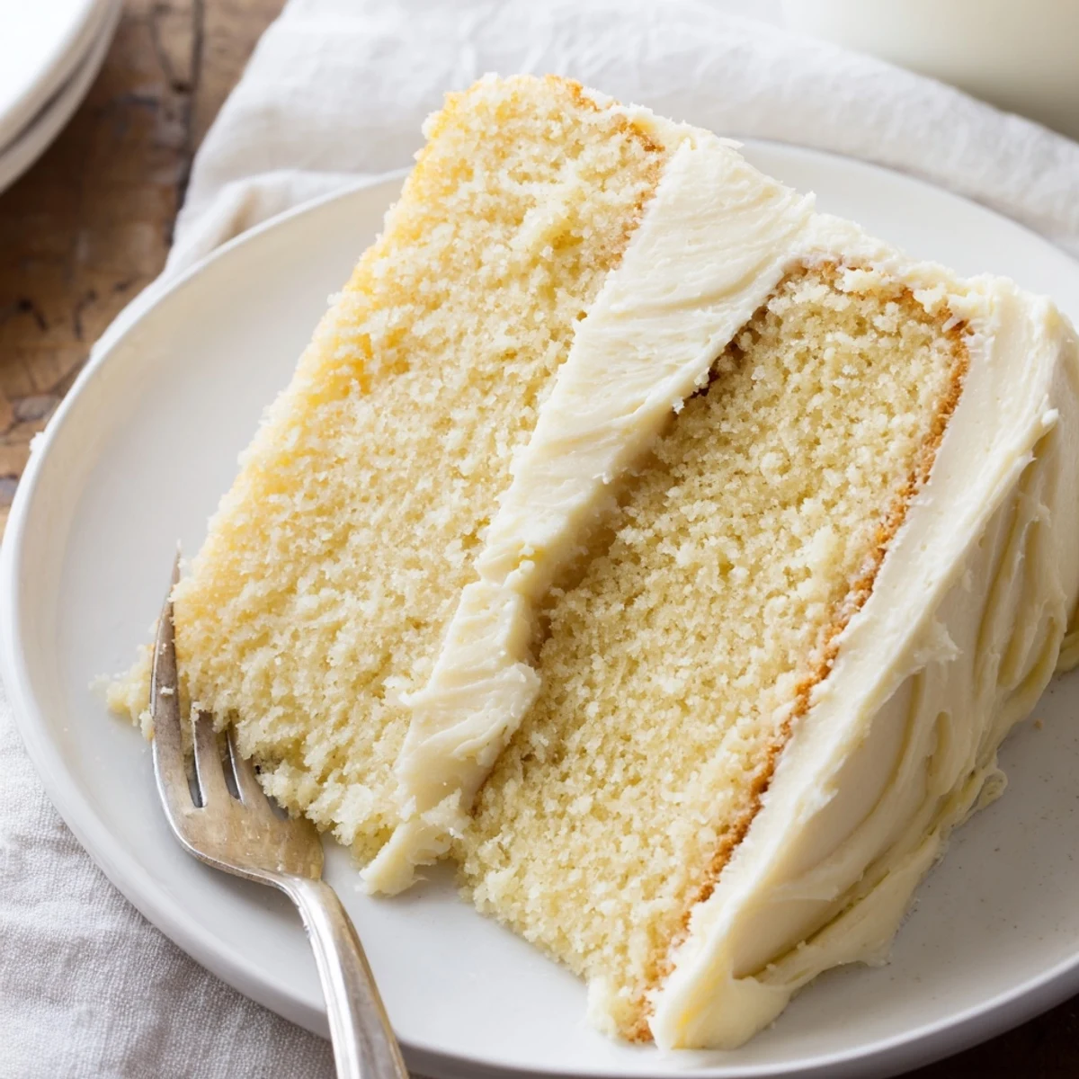 Sliced wedge of Perfect Vanilla Cake revealing moist crumb and creamy vanilla buttercream layers.