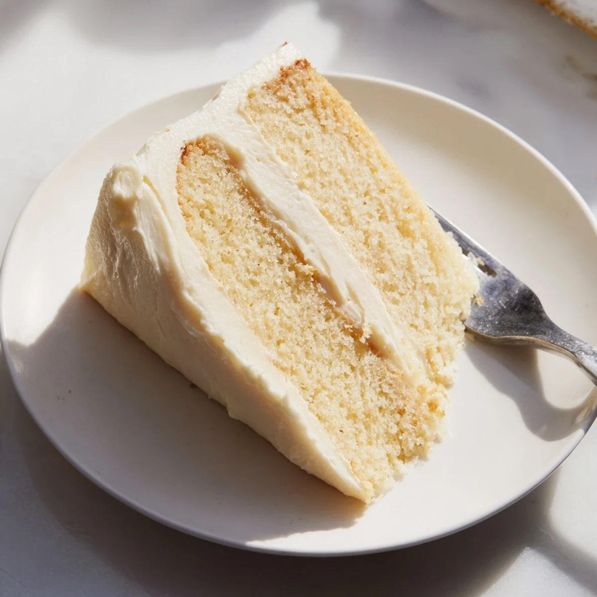 Perfect Vanilla Cake on a cake stand, garnished with vanilla bean and fresh strawberries.
