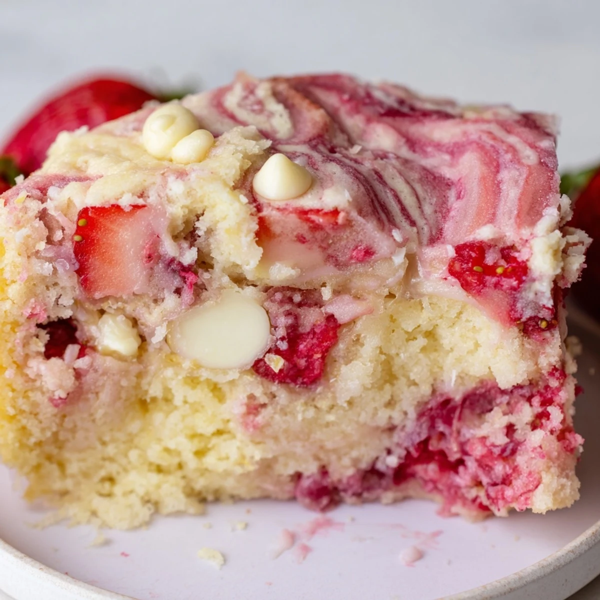 A slice of Strawberry Earthquake Cake reveals gooey cheesecake swirls and fresh strawberry bursts on a white plate.
