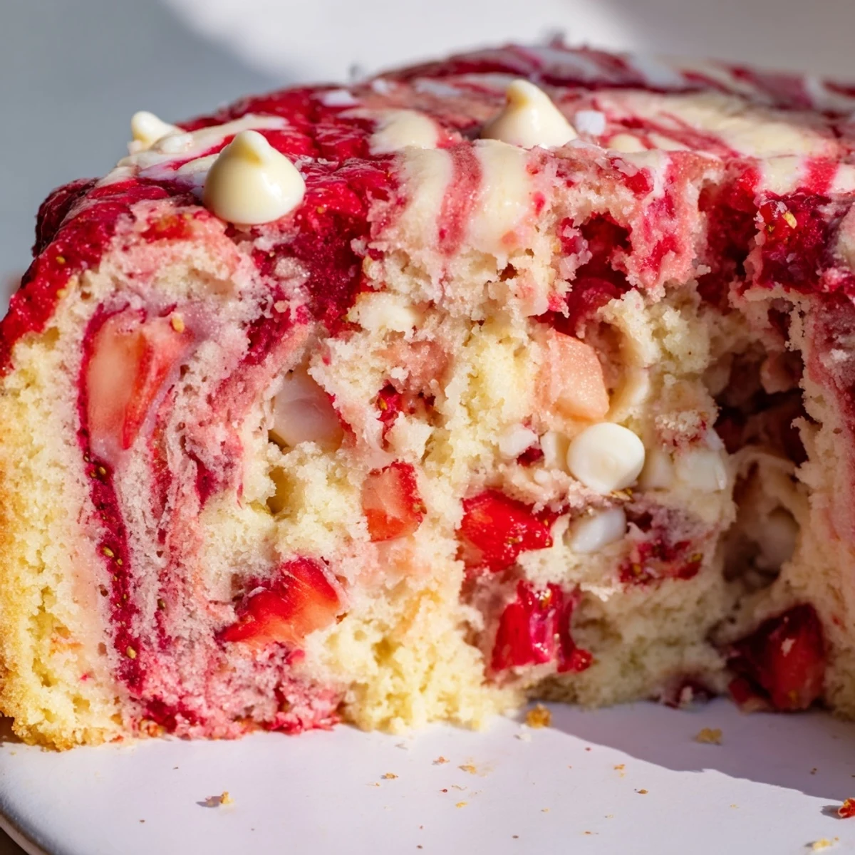 The Strawberry Earthquake Cake sits cooling on a wire rack with melted white chocolate chips glistening on top.