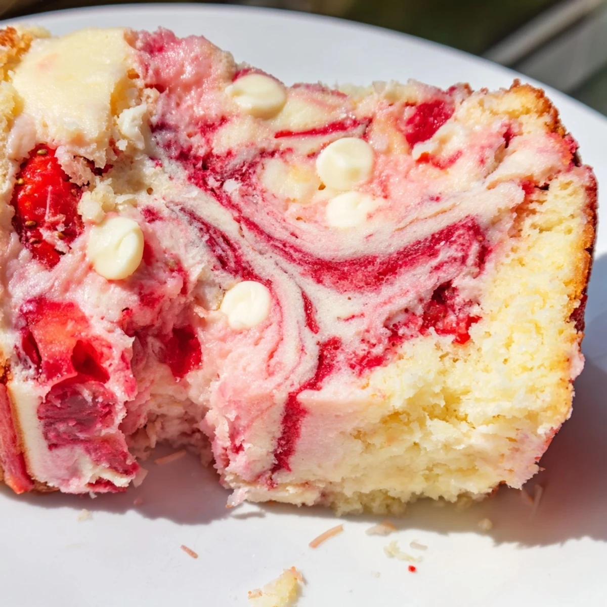 A close-up view shows the marbled, molten texture of Strawberry Earthquake Cake with a dollop of whipped cream.