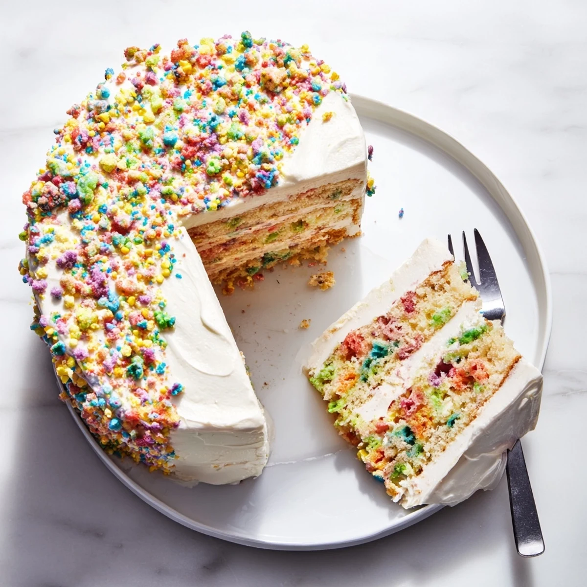 This Milk Bar Birthday Cake features moist vanilla sponge layers, creamy frosting, and crunchy crumbs topped with colorful rainbow sprinkles.