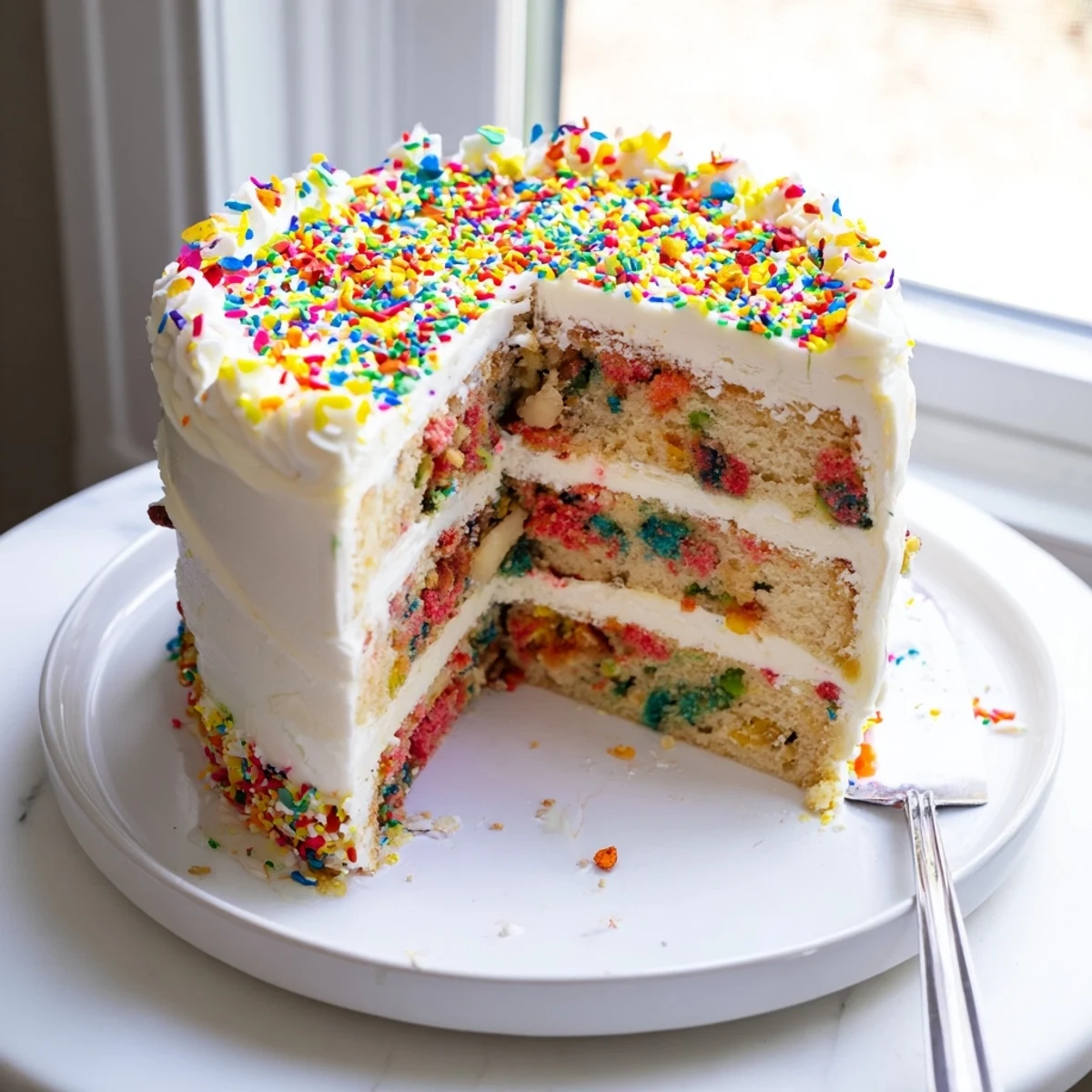 A slice of Milk Bar Birthday Cake shows fluffy vanilla layers, sweet frosting, and a satisfying crumb texture on a celebration dessert table.