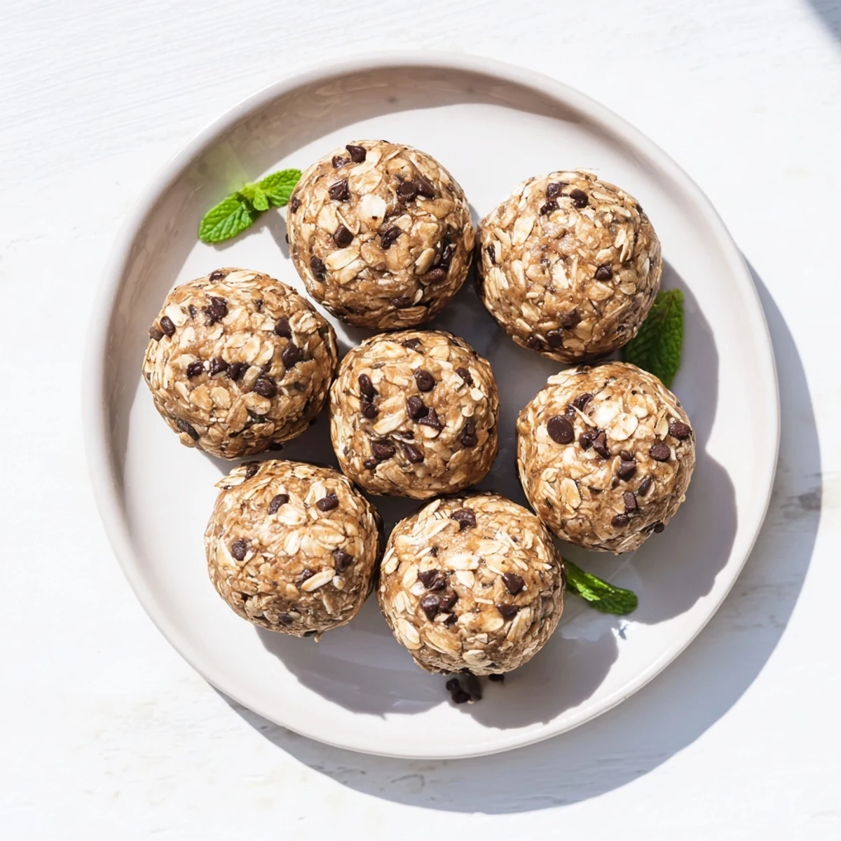 Close-up of vibrant green Mint Chocolate Chip Protein Balls on a rustic wooden surface, showing mini chocolate chips.