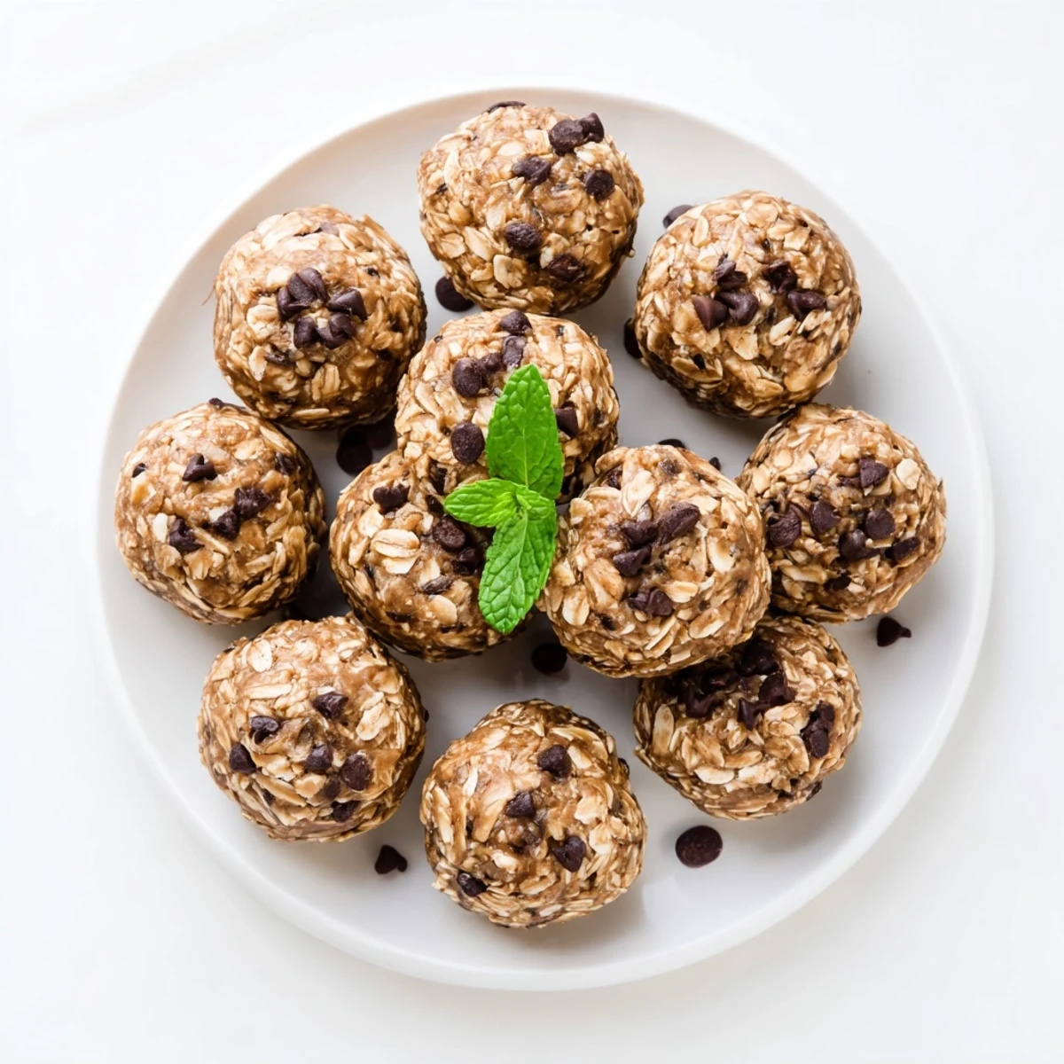 A refreshing post-workout snack, these Mint Chocolate Chip Protein Balls are ready to enjoy on a marble platter.