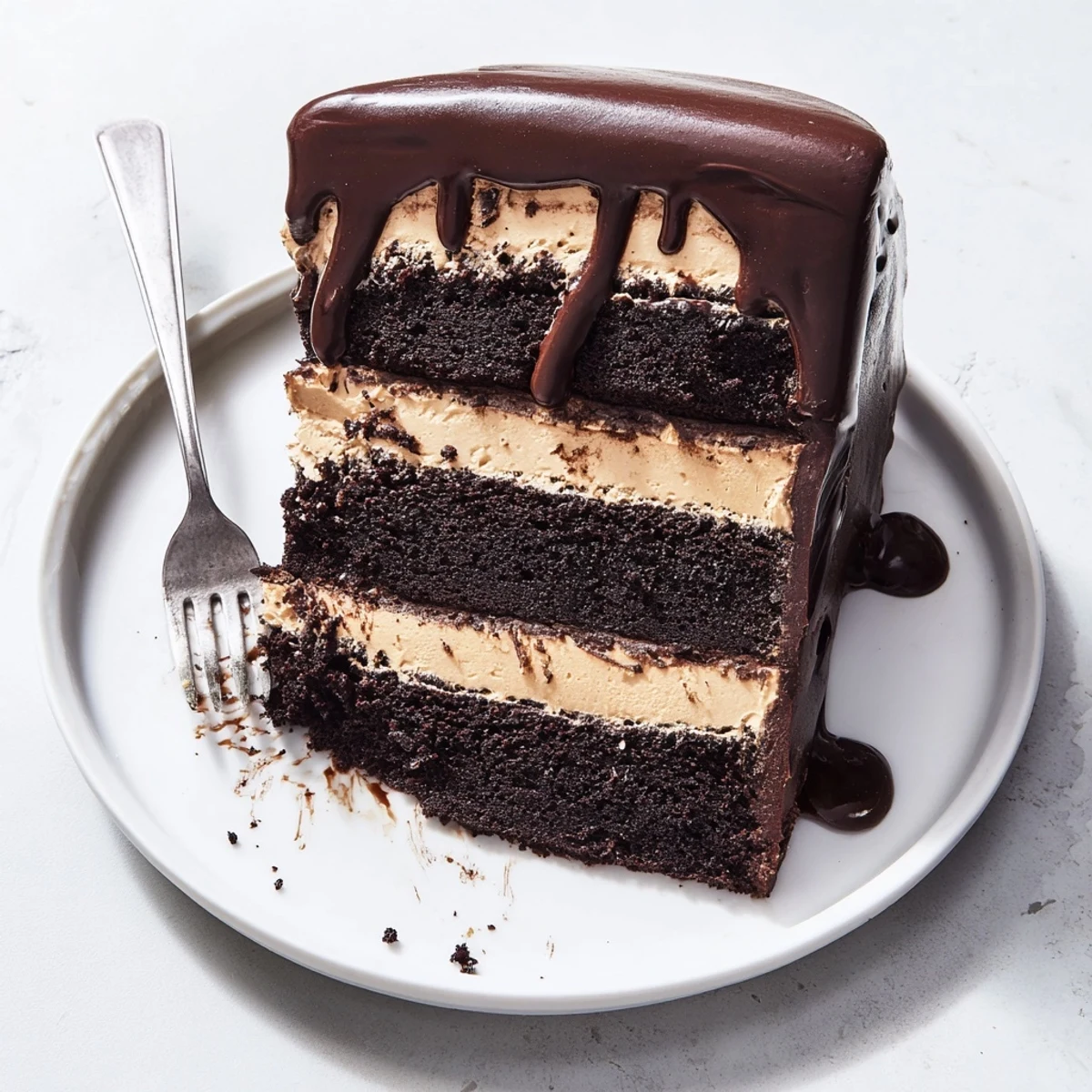 Frosted Triple Matilda Chocolate Cake slice with creamy chocolate frosting and berries on a white plate.