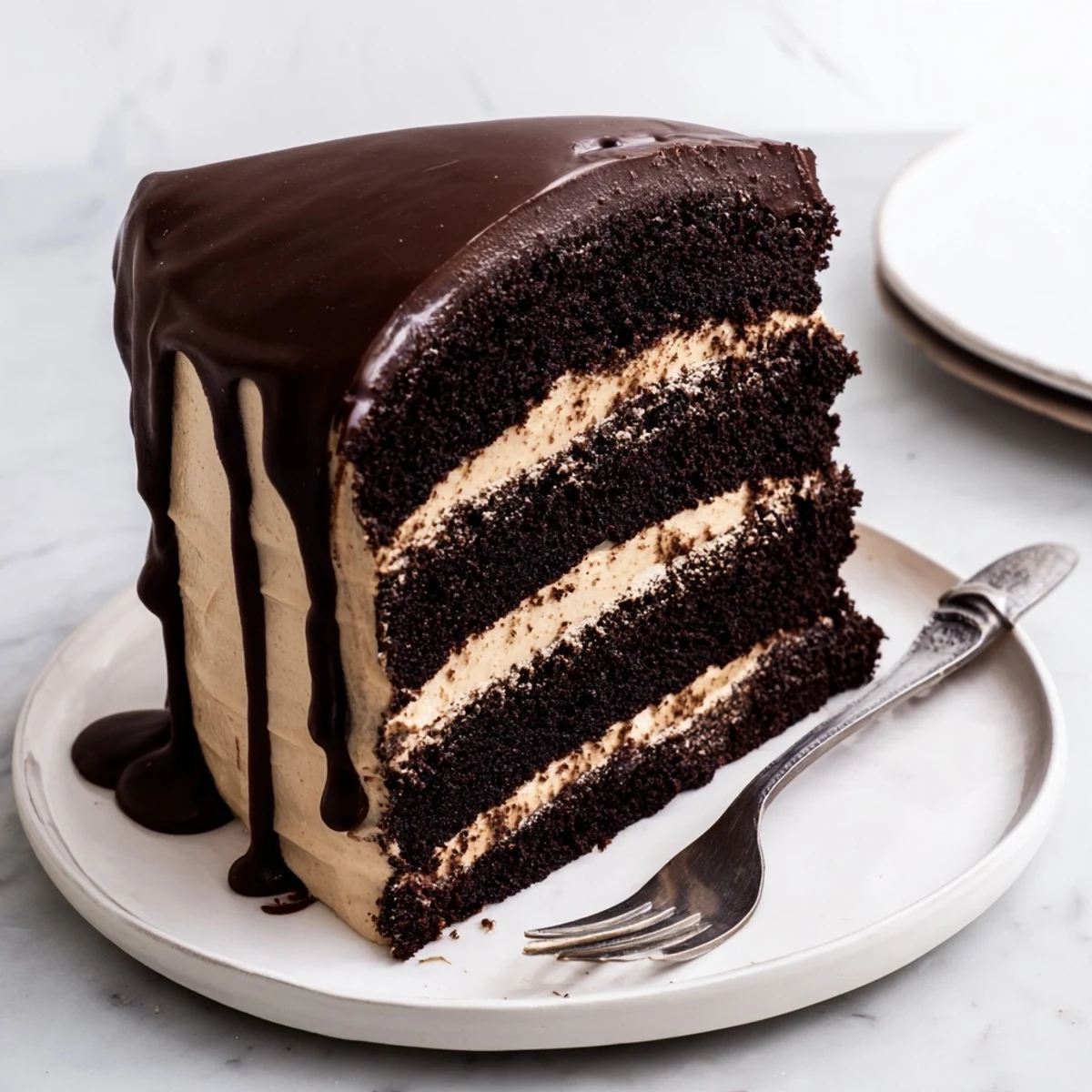 Decadent Triple Matilda Chocolate Cake topped with silky ganache, ready to serve with vanilla ice cream.