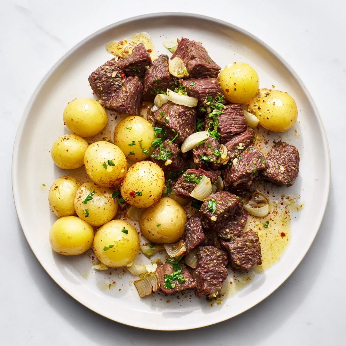 Steam rises from tender beef cubes and halved baby potatoes glistening with garlic butter in this slow cooker garlic butter beef with potatoes.
