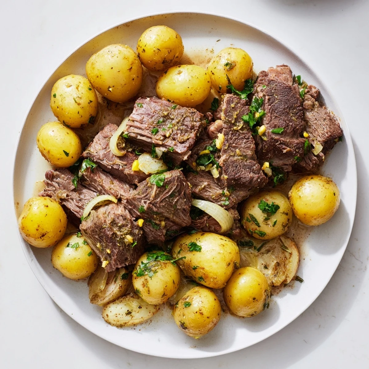 Golden potatoes and fork-tender beef chunks in slow cooker garlic butter beef with potatoes create a comforting main dish for weeknight dinners.