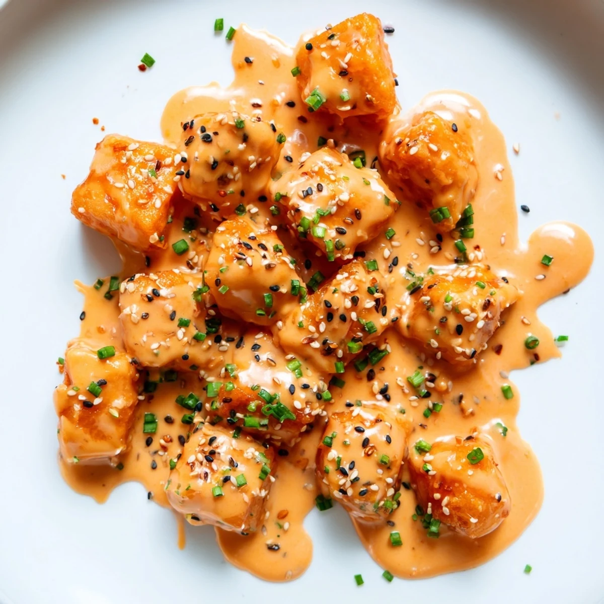 Golden, crispy Bang Bang Salmon Bites with creamy spicy sauce and fresh green onions on a plate.  