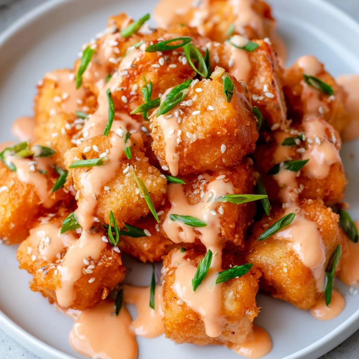 Appetizer plate of Bang Bang Salmon Bites garnished with chives, perfect for a quick weeknight dinner.