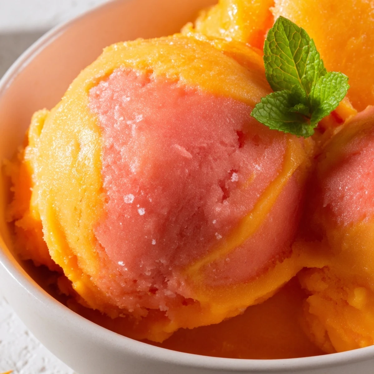 Mango Strawberry Sorbet in a rustic bowl with fresh fruit slices and mint garnish.