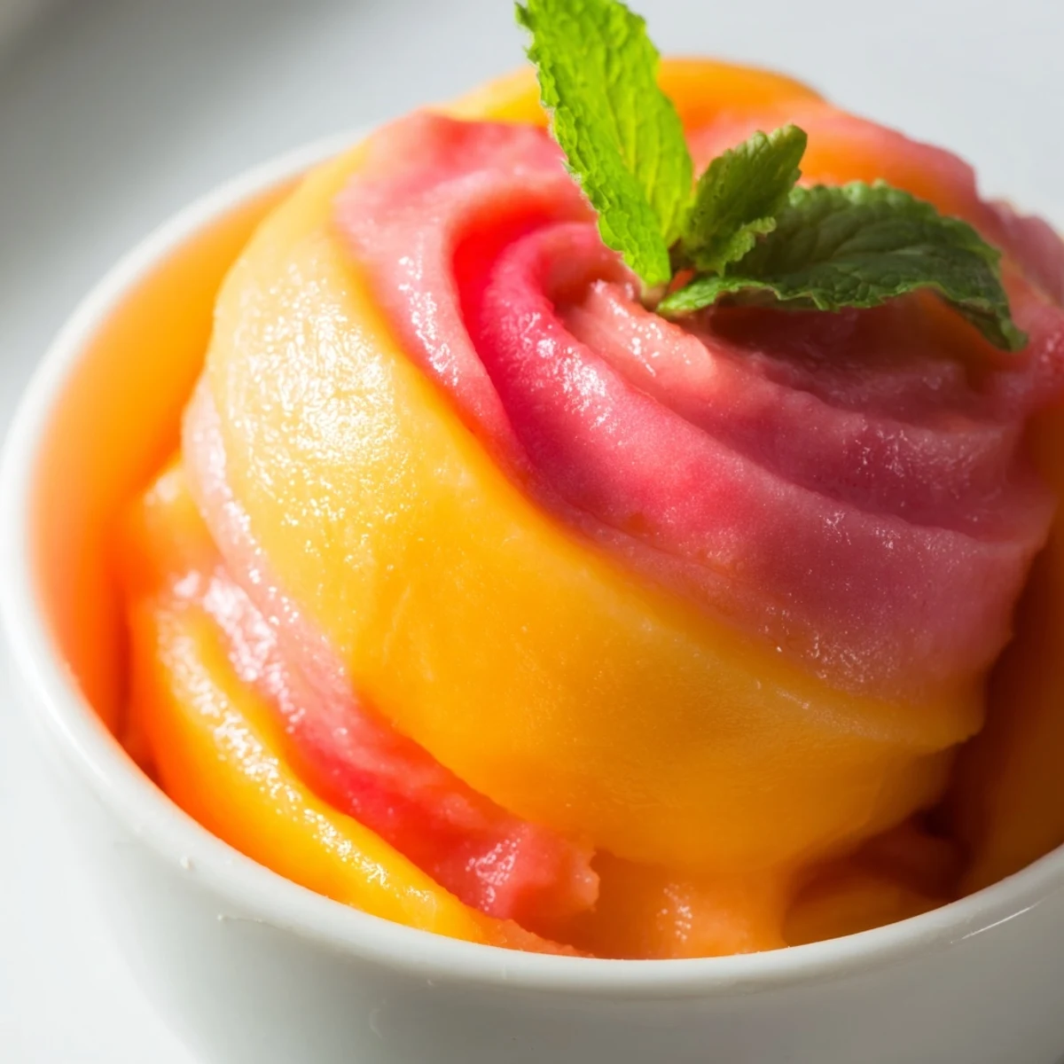 Homemade Mango Strawberry Sorbet with vibrant swirls and a vintage spoon on wooden table.