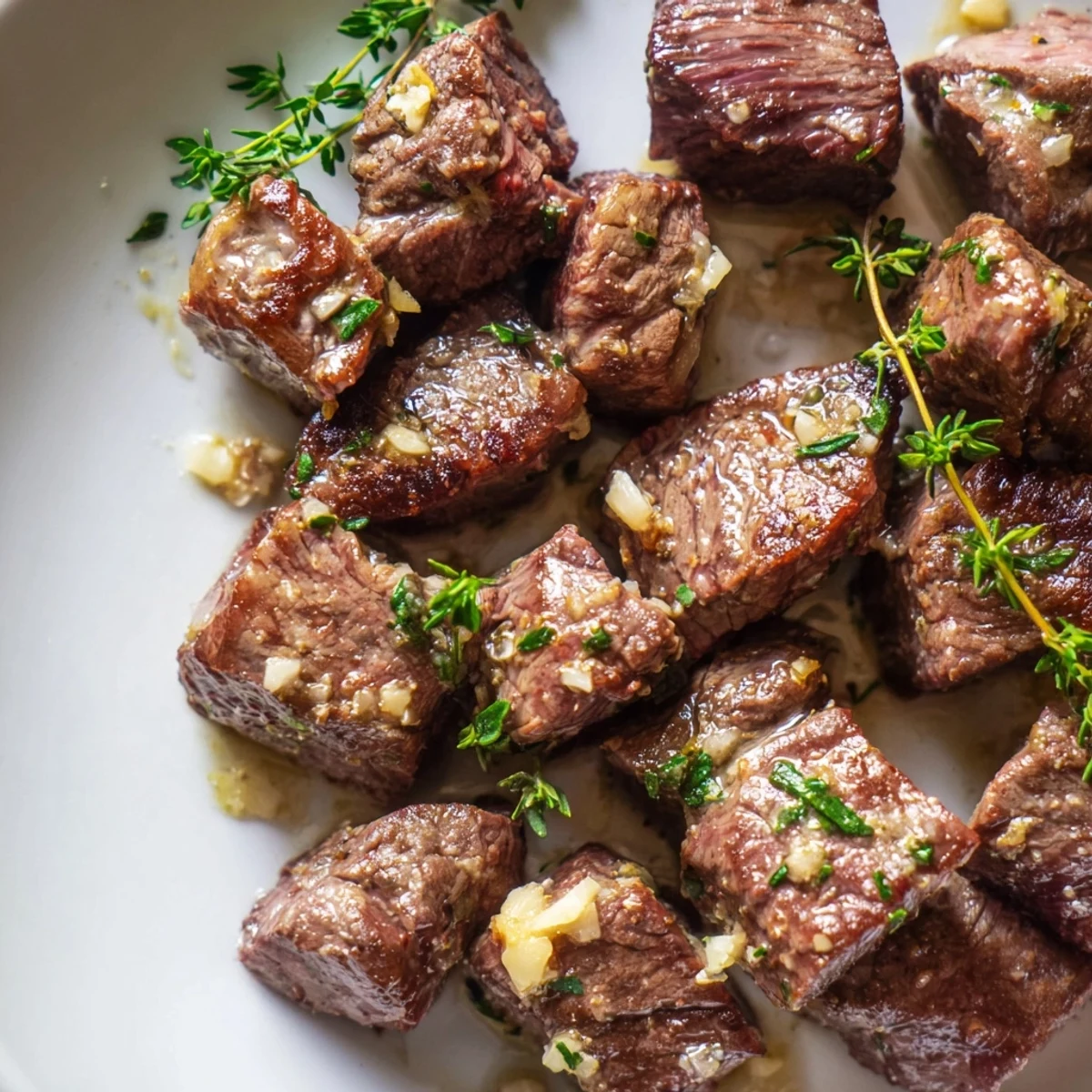 Garlic butter steak bites sizzling in a skillet, garnished with fresh parsley and served with mashed potatoes. 