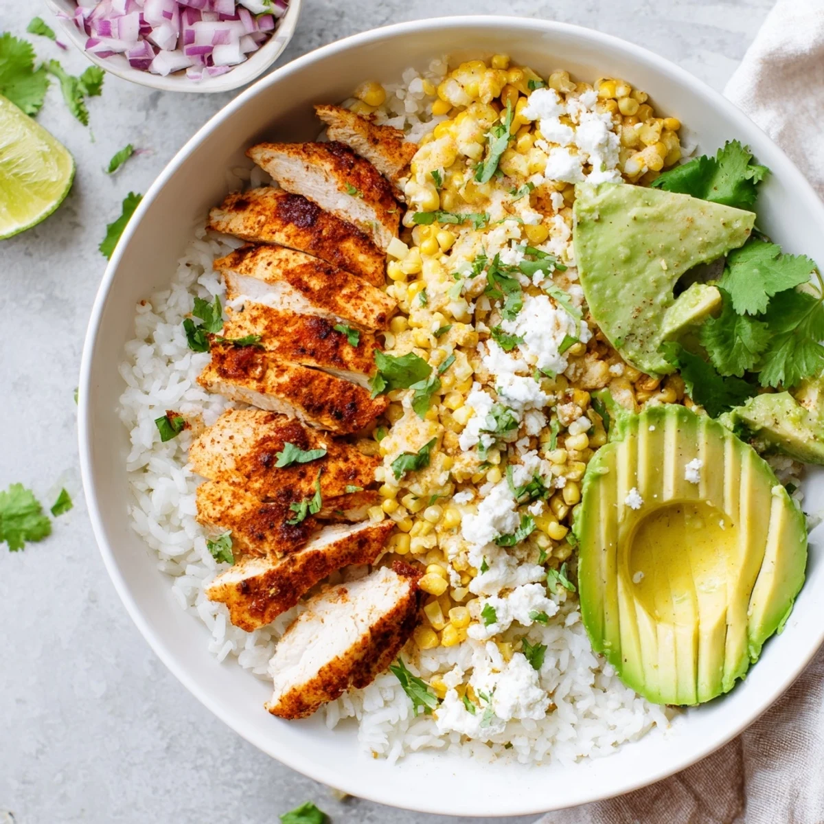 Colorful Street Corn Chicken Rice Bowl with grilled chicken, charred corn, avocado, and fresh cilantro garnish.