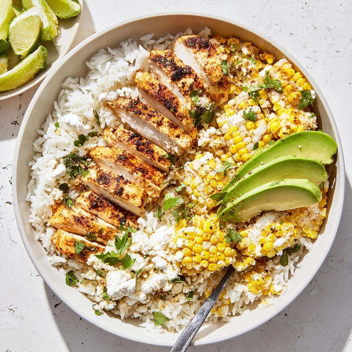 A vibrant Street Corn Chicken Rice Bowl topped with cotija cheese, red onion, and sour cream.