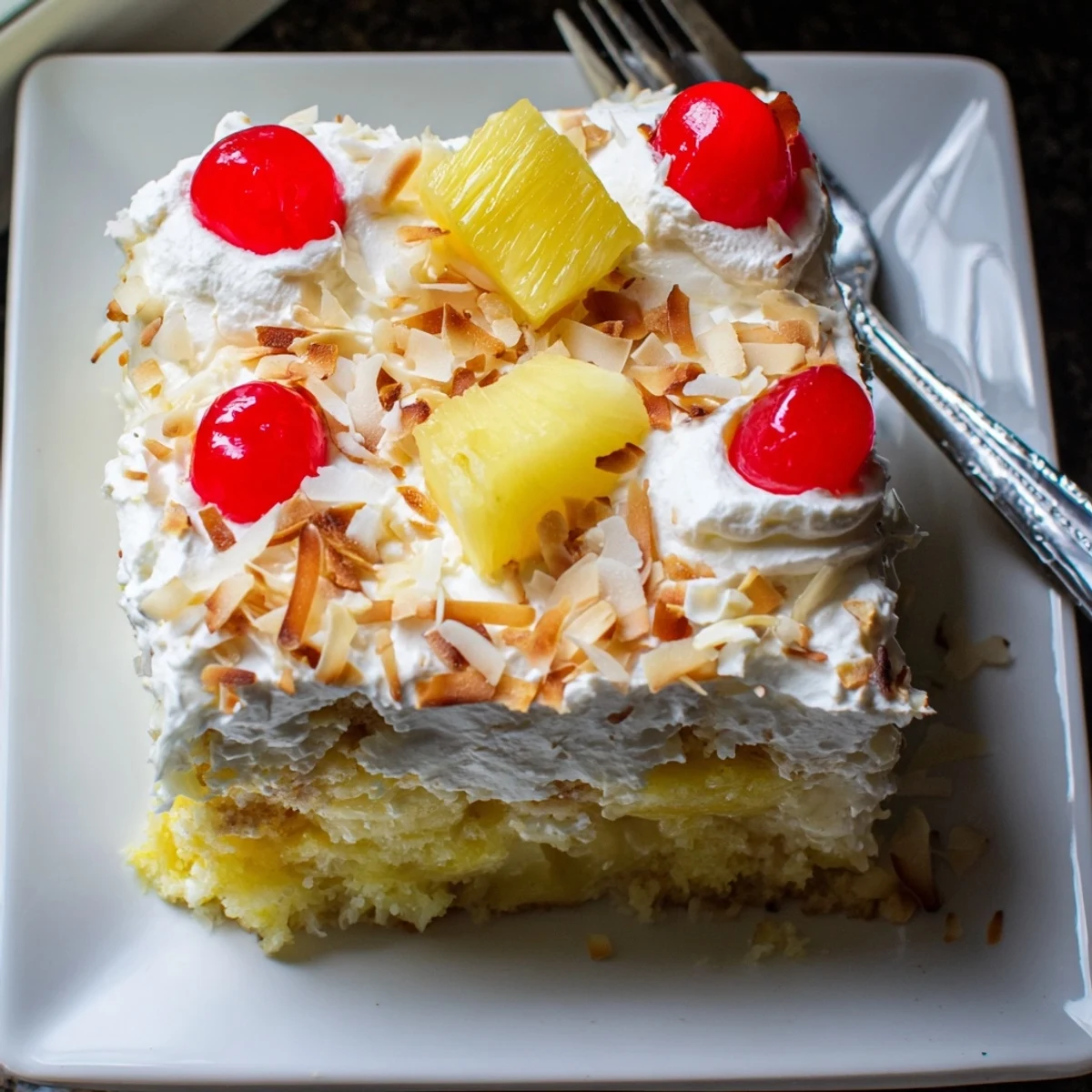 Moist Hawaiian Poke Cake with creamy filling, coconut topping, and pineapple garnish on a table.