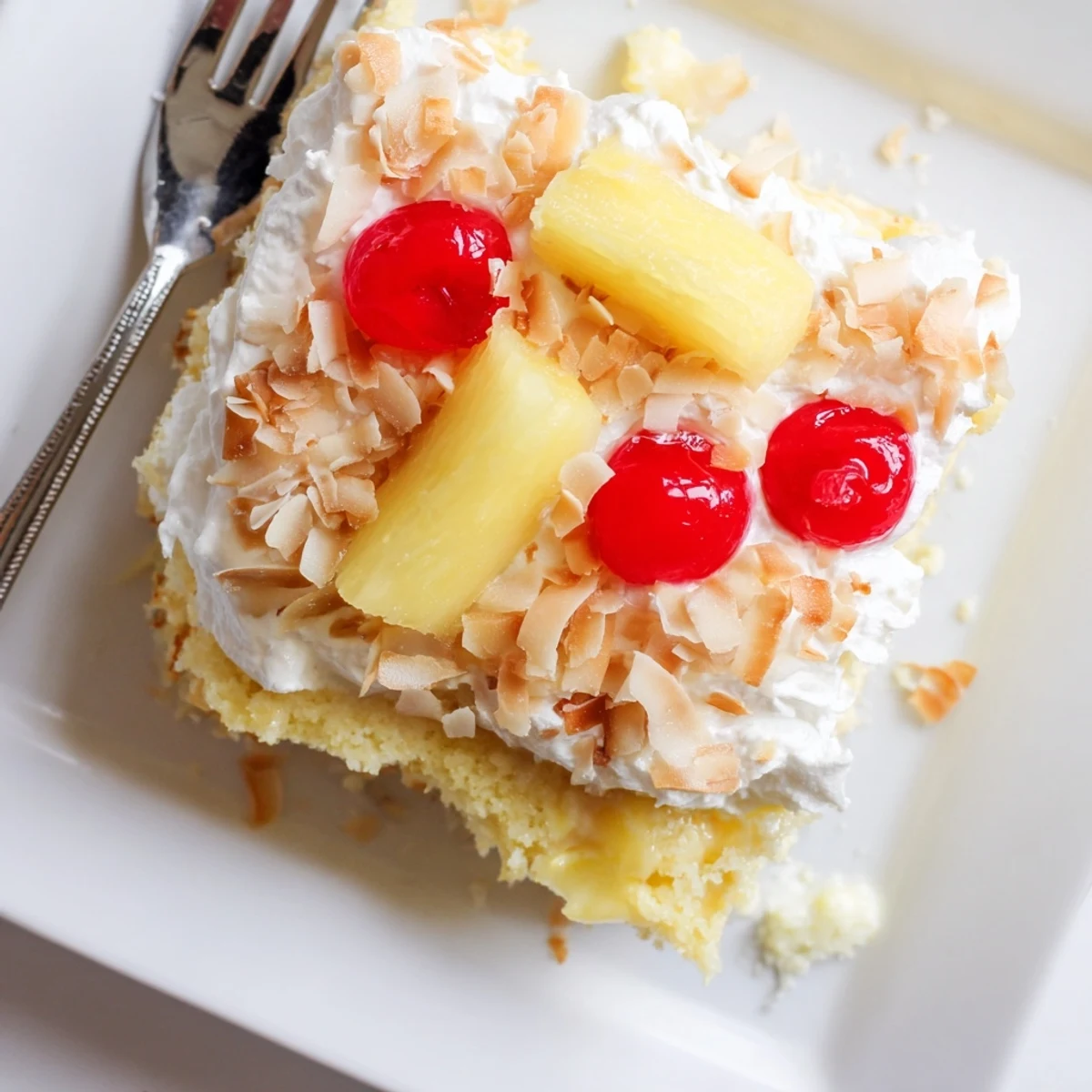 Chilled Hawaiian Poke Cake showing fluffy texture, toasted coconut, and vibrant pineapple chunks on serving dish.