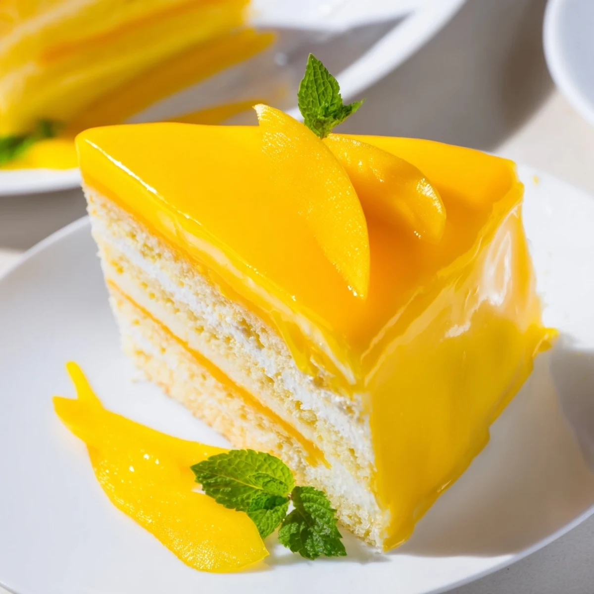 Fresh mango mousse cake slice with glossy glaze and tender sponge base, garnished with mint and served on a white plate.