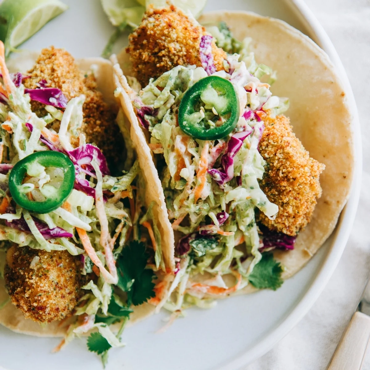 Crispy Fish Tacos with Cilantro Lime Slaw served warm with zesty slaw and lime wedges