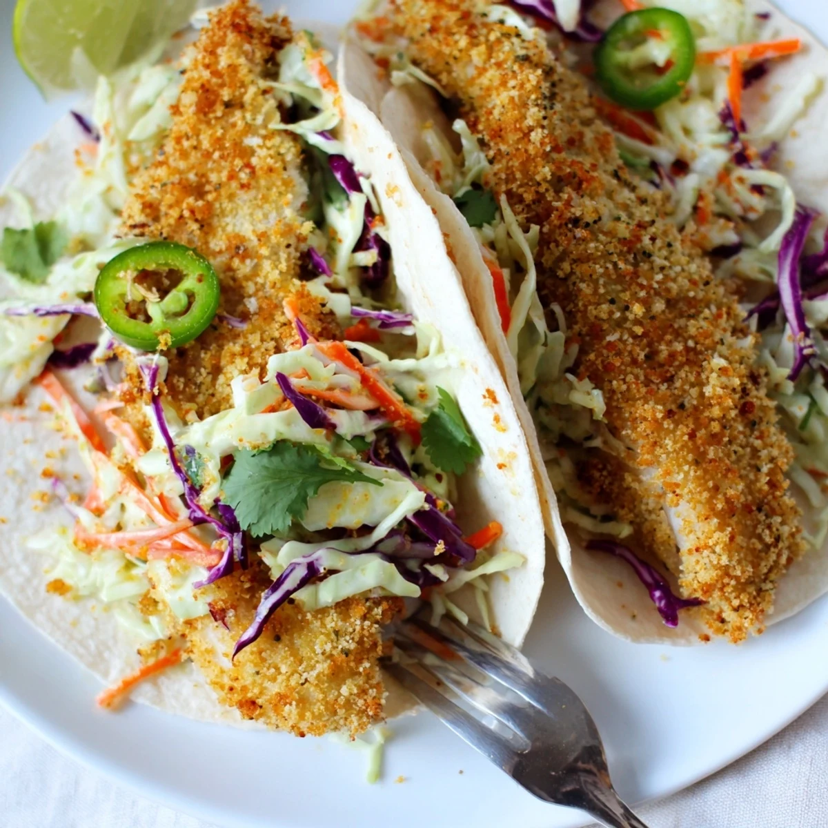 Golden Crispy Fish Tacos with Cilantro Lime Slaw topped with jalapeños on a rustic plate