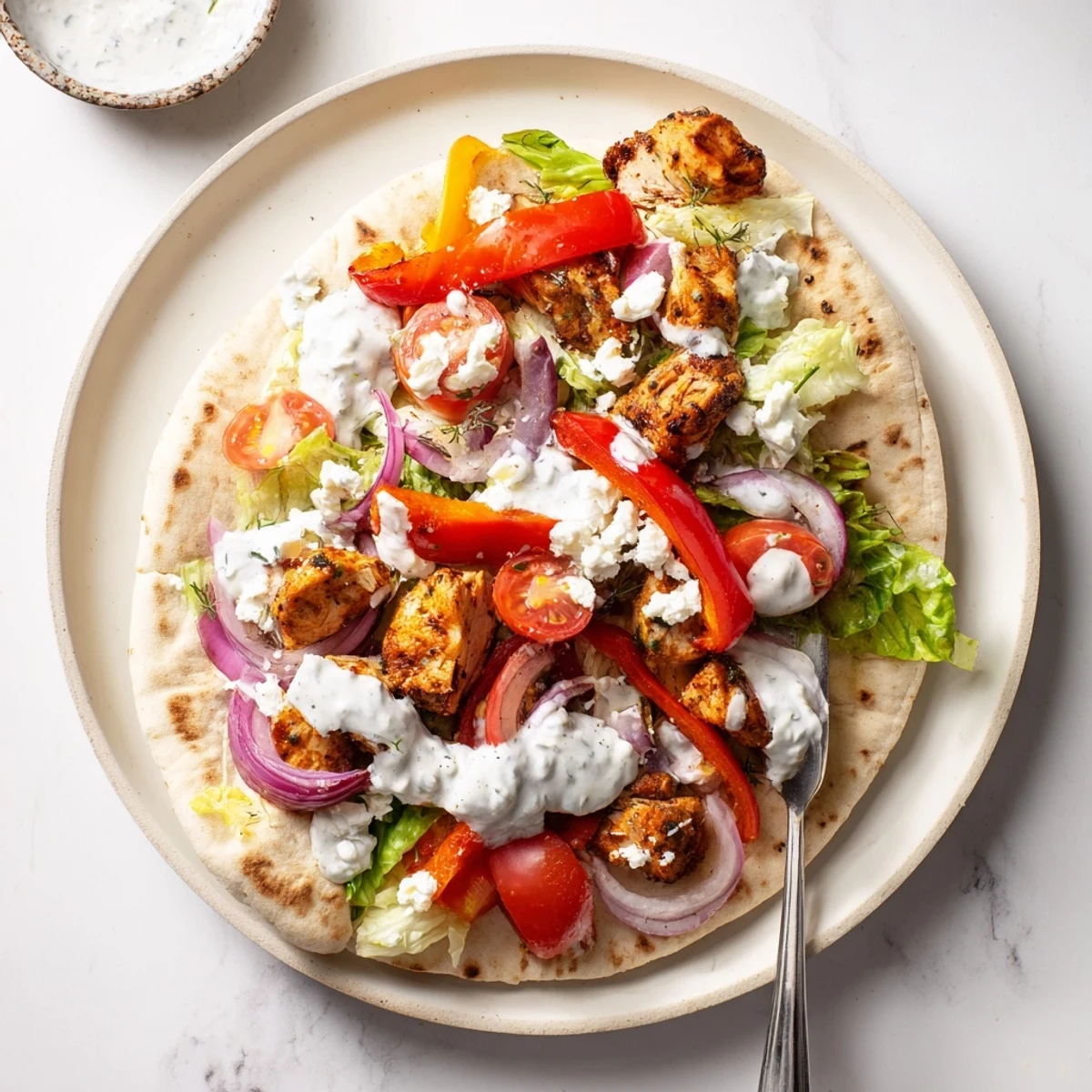 Golden roasted chicken and colorful vegetables sizzling on a sheet pan for Sheet Pan Chicken Pitas with Herby Ranch.