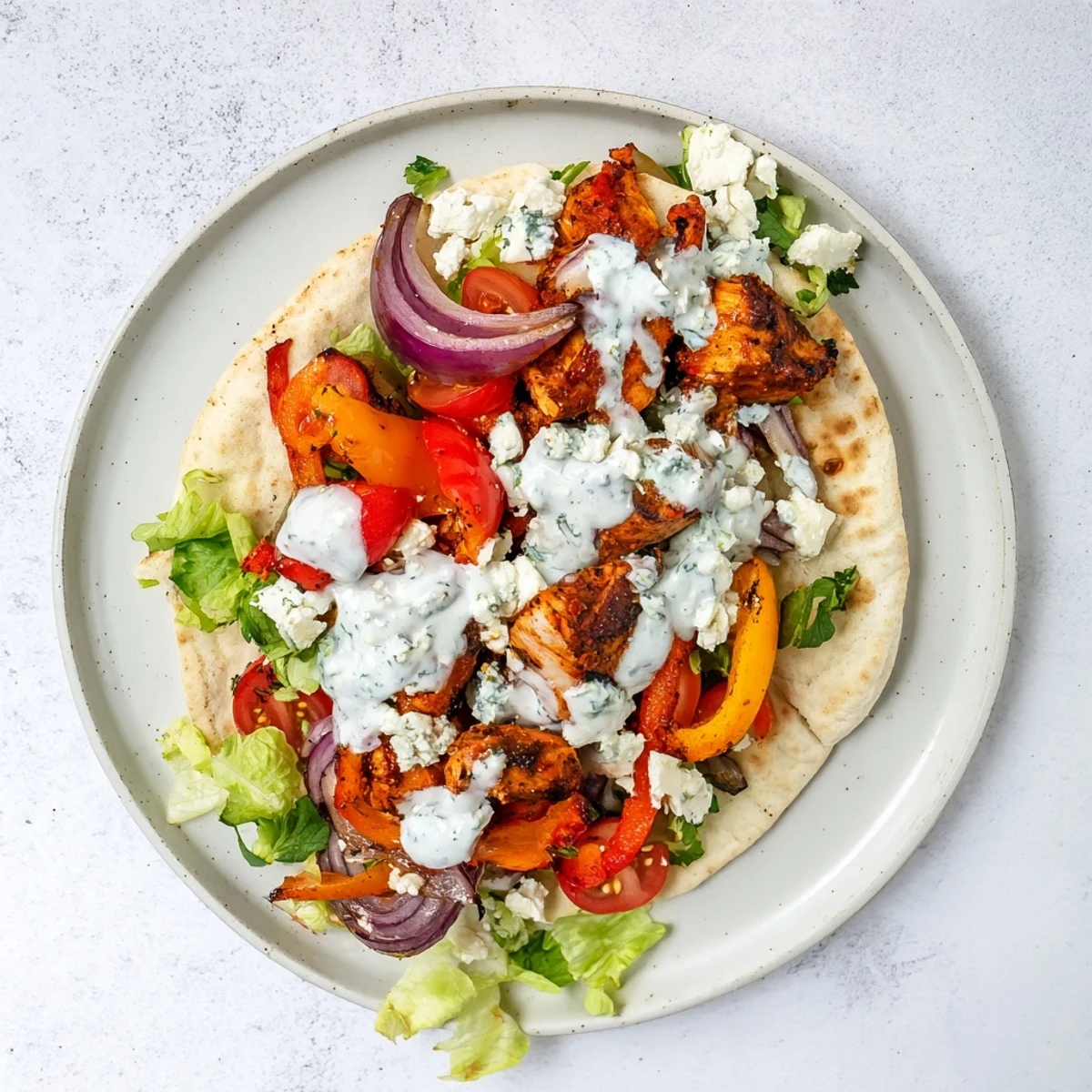 Warm pita bread stuffed with juicy chicken, crisp lettuce, and drizzled with creamy herby ranch sauce for dinner.