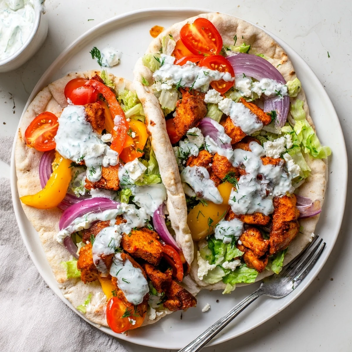 Family-friendly Sheet Pan Chicken Pitas with Herby Ranch plated with feta, fresh herbs, and a side of ranch.
