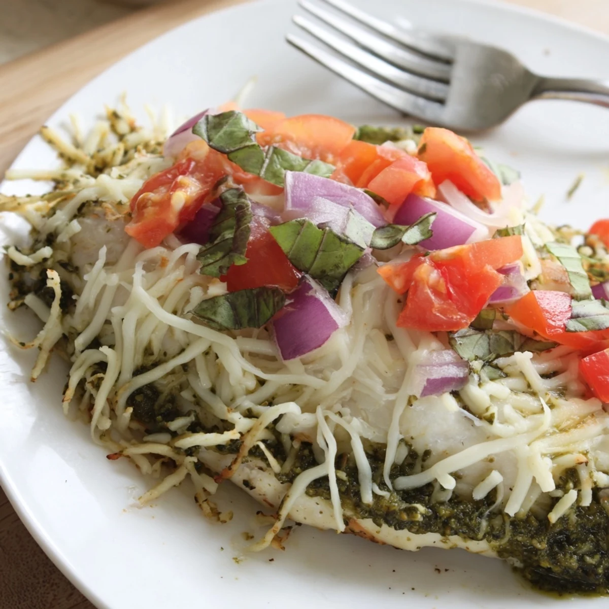 Golden Pesto Bruschetta Chicken with melted mozzarella and fresh tomato basil topping