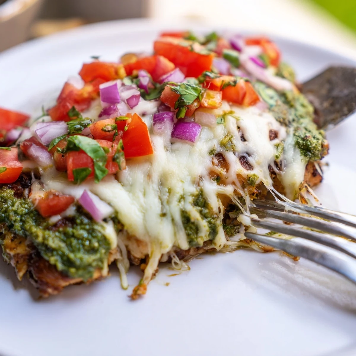 Italian-American Pesto Bruschetta Chicken featuring tender meat with bruschetta and melted mozzarella