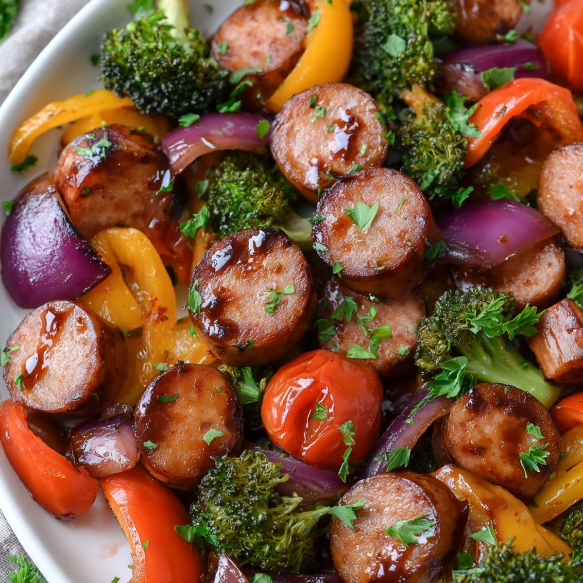 Golden roasted kielbasa and colorful vegetables coated in a sticky honey garlic glaze on a sheet pan