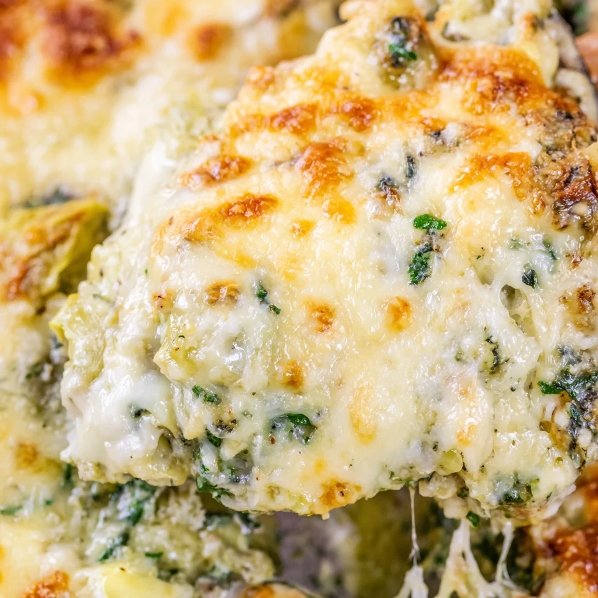Golden bubbly spinach and artichoke chicken bake fresh from the oven with melted cheese topping