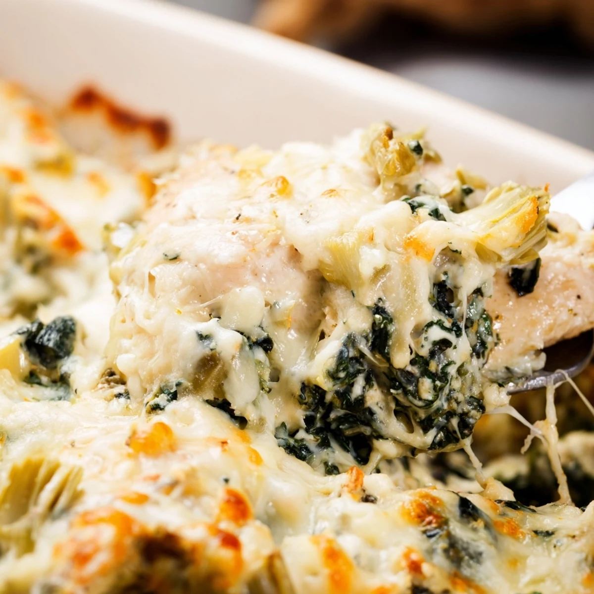 Cheesy spinach and artichoke chicken bake plated with a fork showing tender meat inside