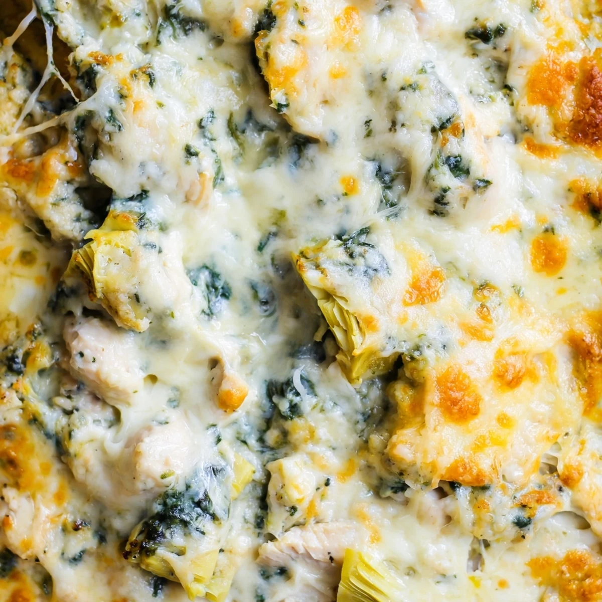 Creamy spinach and artichoke chicken casserole served in a white baking dish with garnish