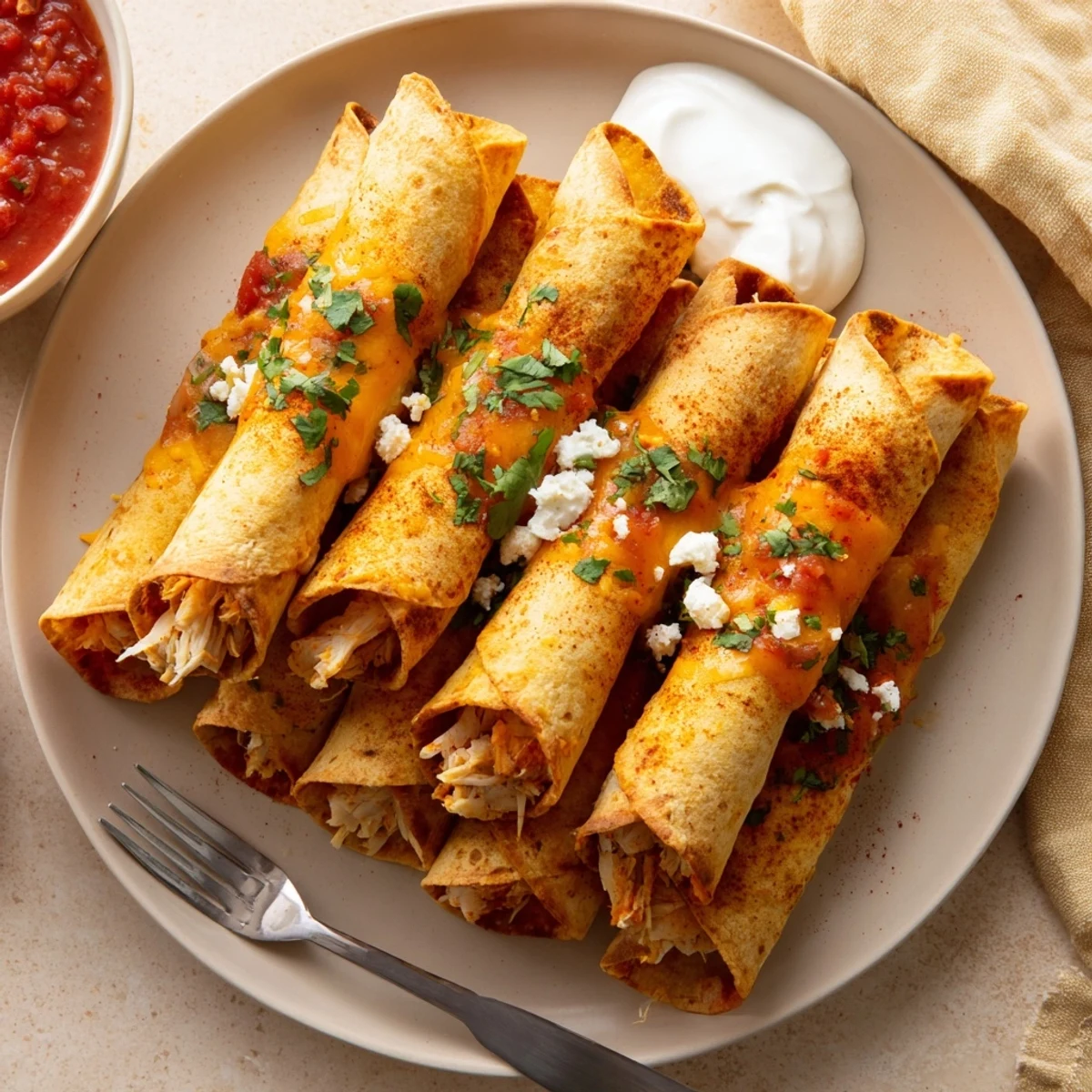 Golden crispy chicken taquitos with melted cheese, ready for dipping in fresh guacamole and sour cream