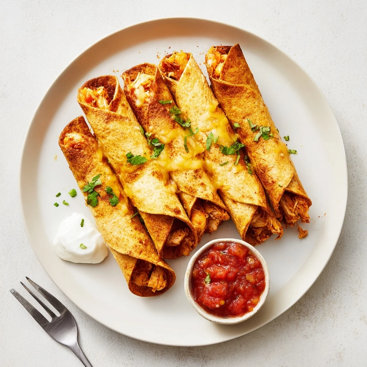Close-up of crispy chicken taquitos showing golden brown tortilla rolls with seasoned chicken and cheese filling