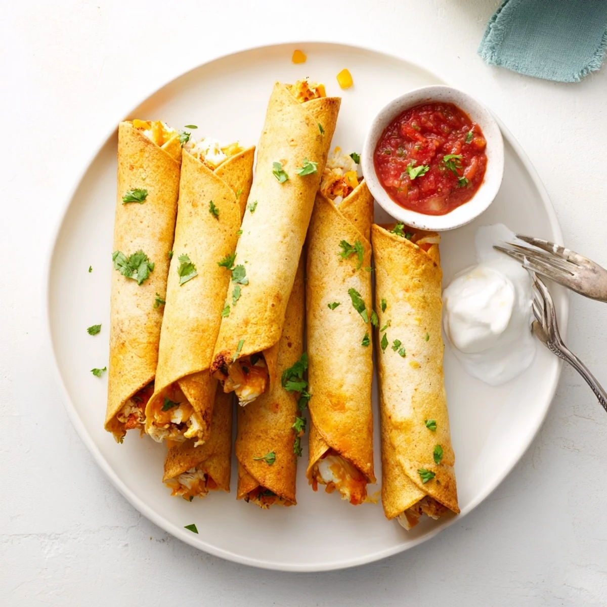 Baked crispy chicken taquitos arranged on a serving platter with colorful salsa and lime wedges