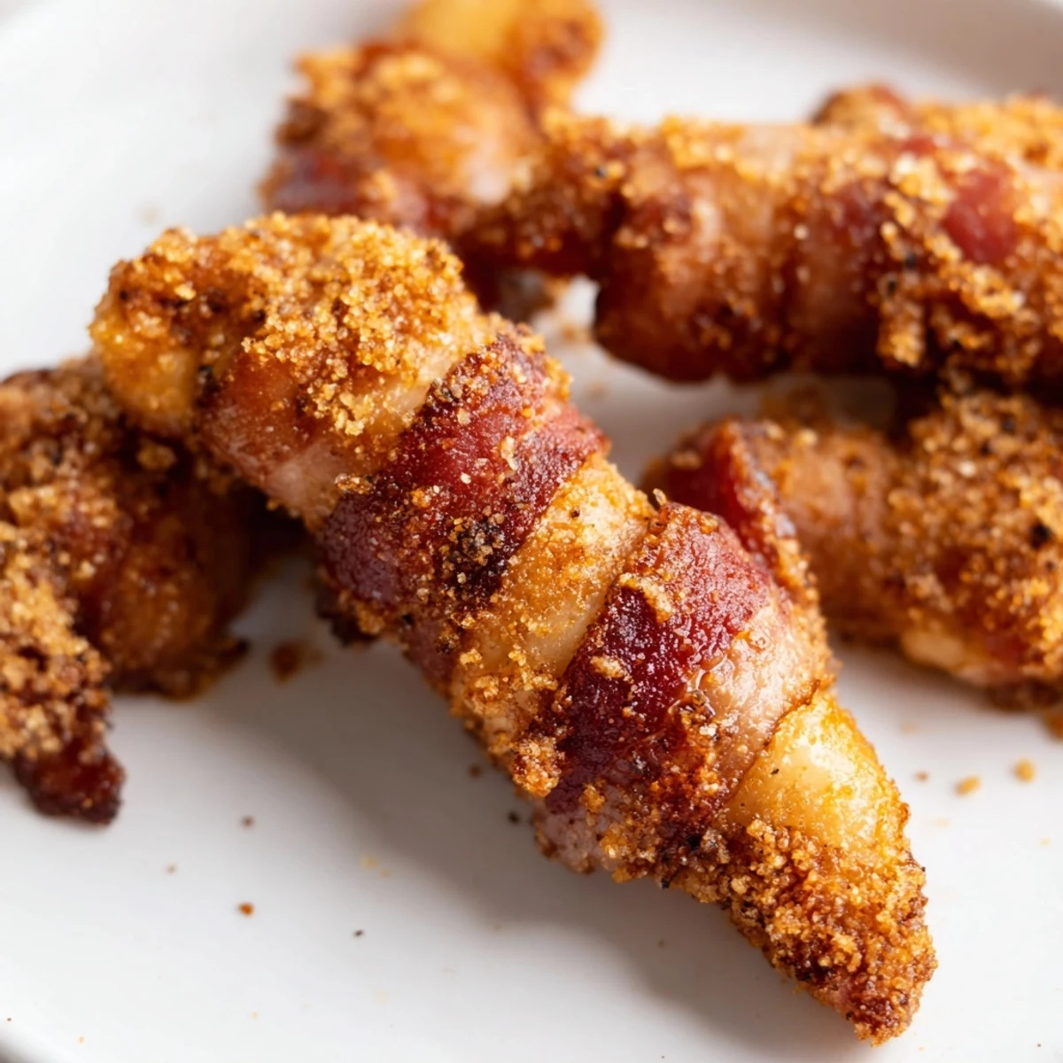 Golden bacon wrapped chicken tenders coated in caramelized brown sugar on a wire rack