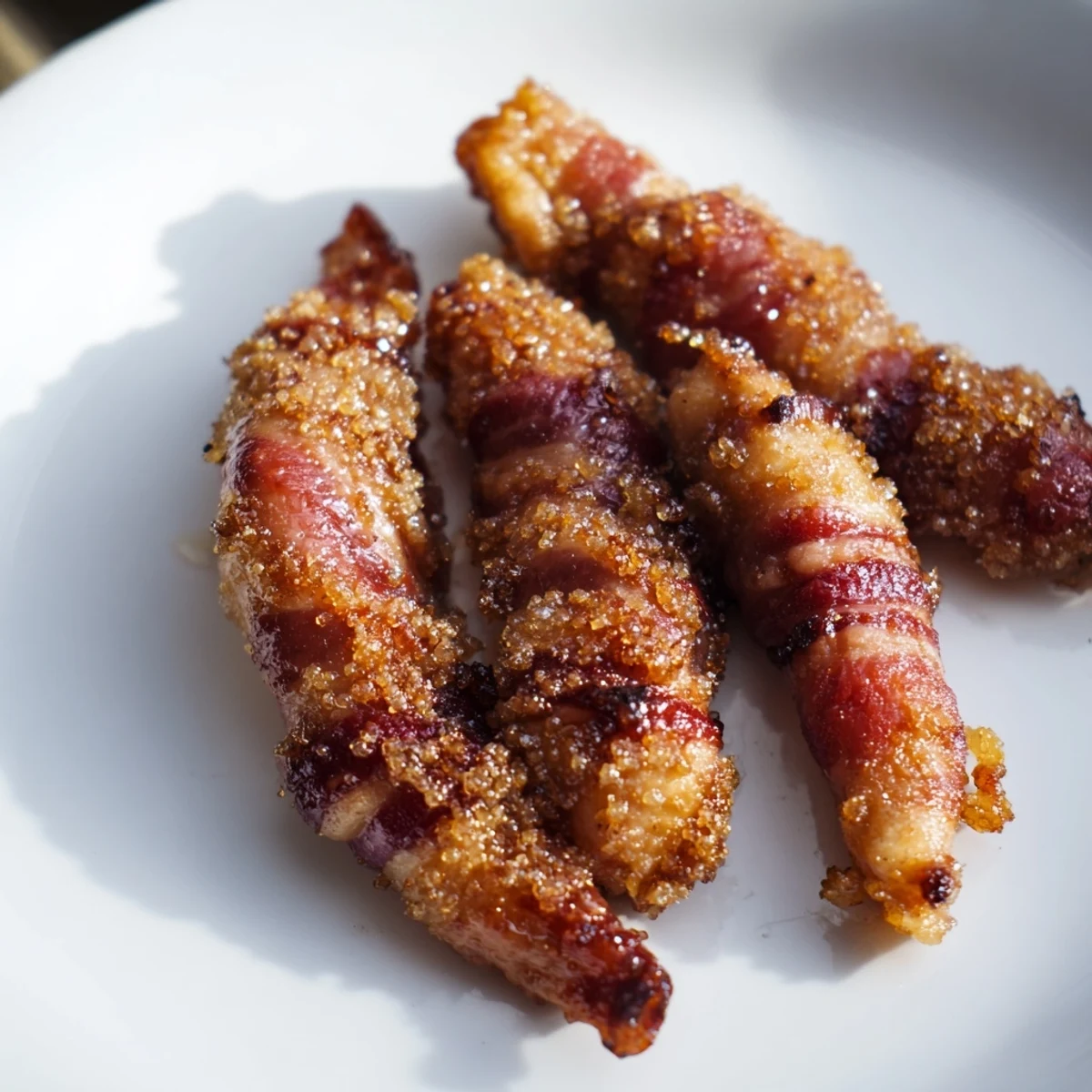 Crispy smoky bacon brown sugar chicken tenders arranged on a baking sheet with caramelized edges