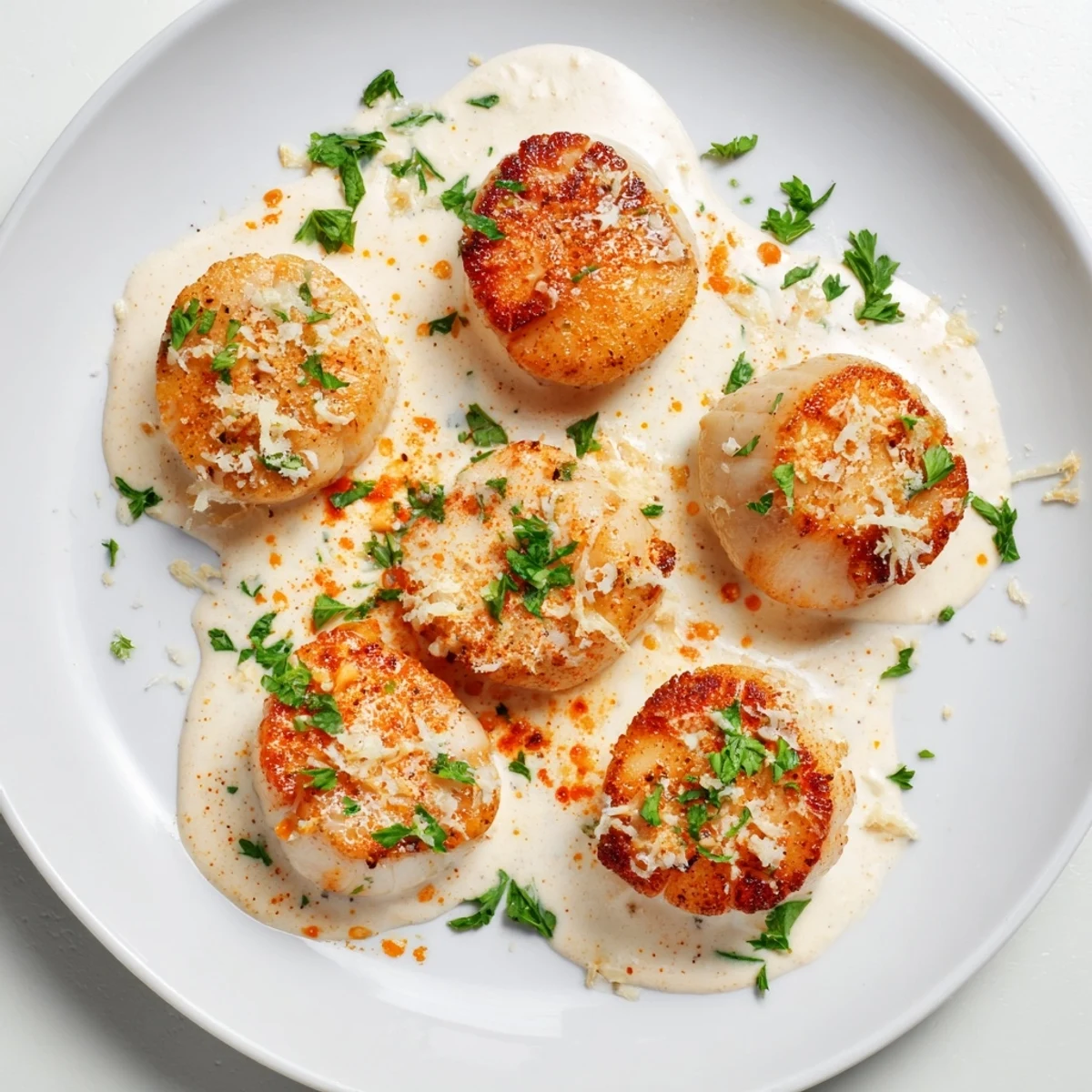Golden brown pan-seared scallops drizzled with spicy Cajun cream sauce and fresh parsley