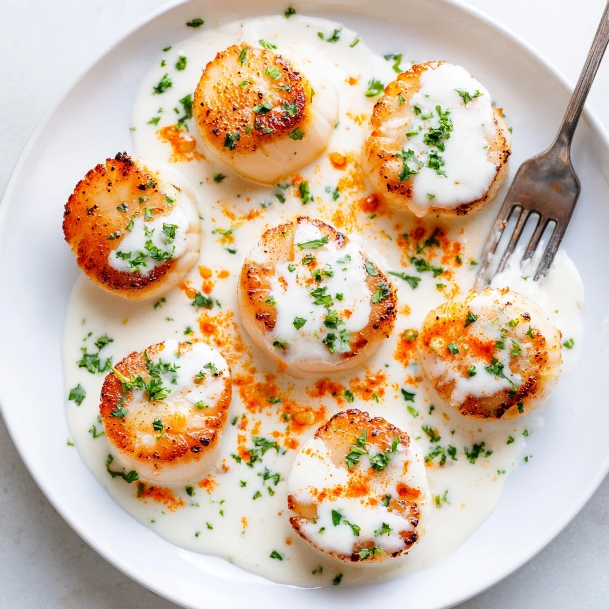 Plump golden scallops topped with velvety spicy cream sauce and garnished with chopped herbs