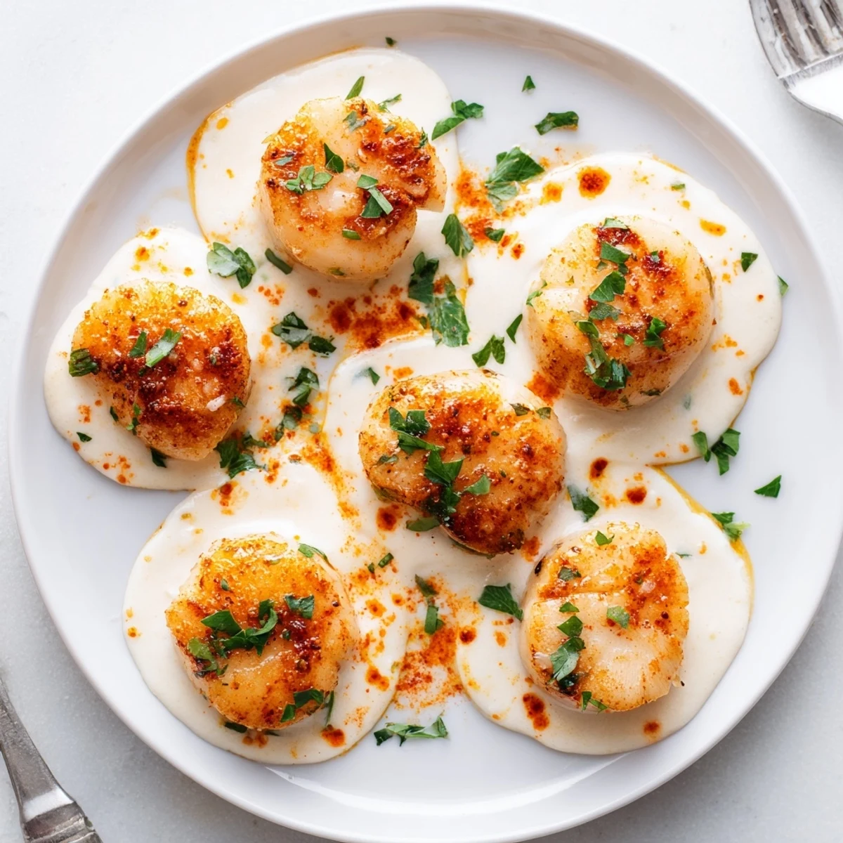 Perfectly seared sea scallops resting in rich creamy Cajun sauce with melted Parmesan cheese