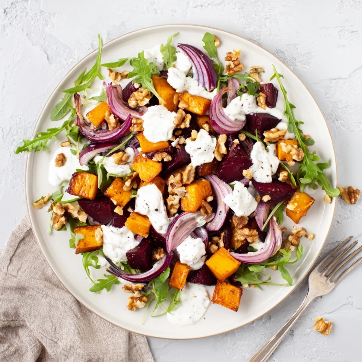 Golden roasted beets and sweet potatoes topped with crumbled feta and creamy yogurt dressing on a bed of fresh arugula