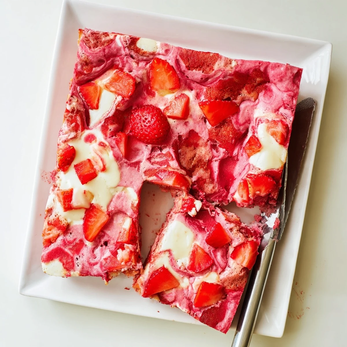 Gooey Strawberry Earthquake Cake with cream cheese swirls and melted white chocolate chips on top