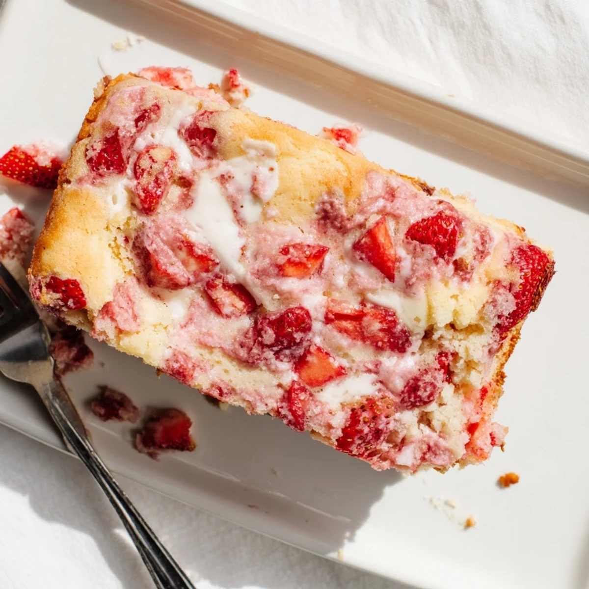 Slice of marbled Strawberry Earthquake Cake showing cream cheese layers and diced strawberries throughout