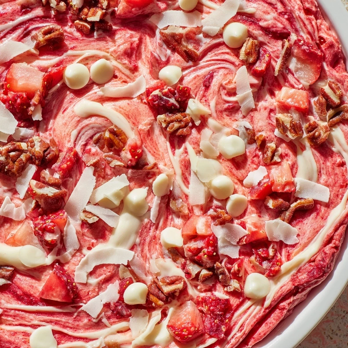 Sliced fresh strawberries and white chocolate chunks topping a swirled strawberry earthquake cake with golden edges