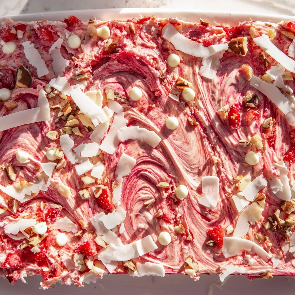 Warm square of strawberry earthquake cake with visible cream cheese marbling and fresh strawberry garnish on white plate