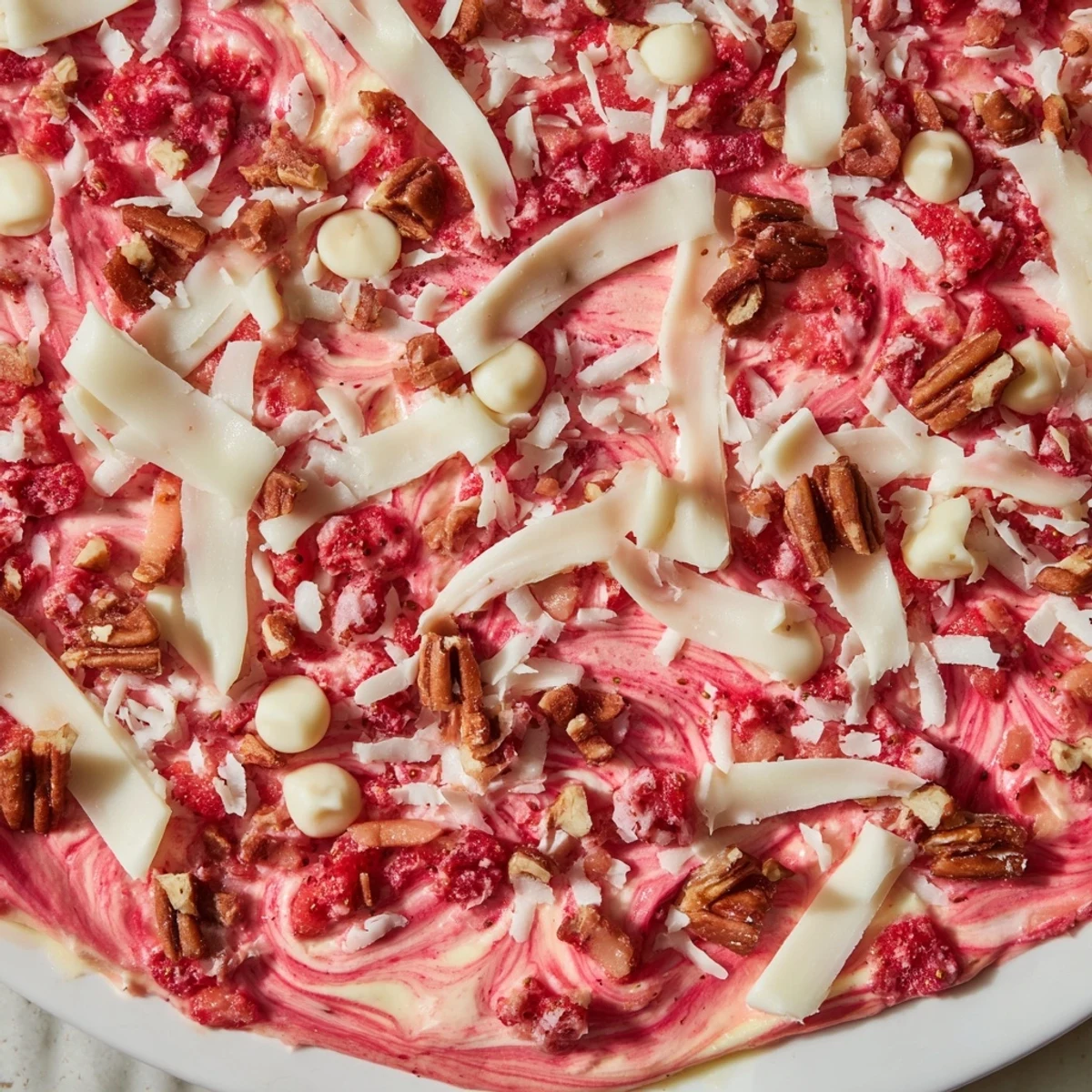 Decadent strawberry earthquake cake displaying cracked cream cheese swirls topped with juicy red berries and coconut flakes