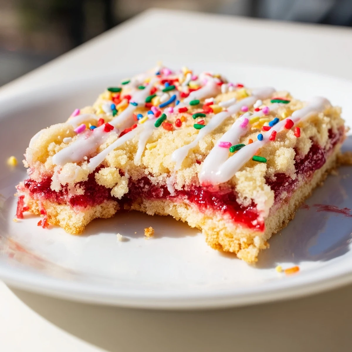 Golden homemade Pop-Tart cookie bars with strawberry jam center and vanilla glaze topped with rainbow sprinkles